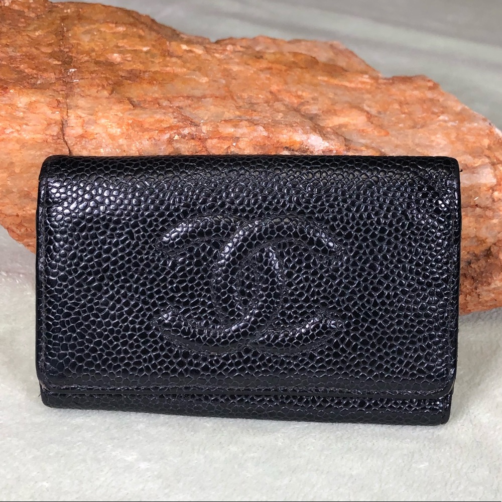 CHANEL Black Caviar 5 Key Rings Small Wallet